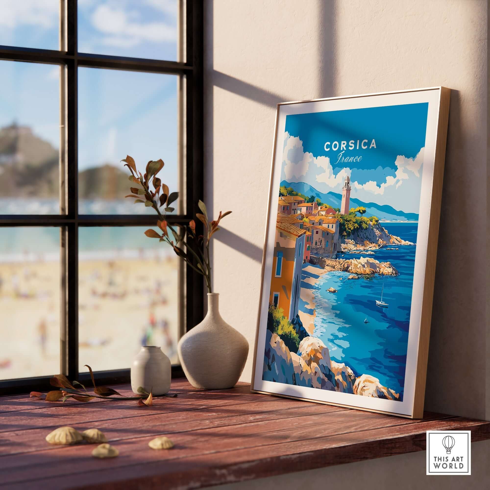Corsica Wall Art Poster displayed by a window, showcasing Corsica's beautiful coastline and inspiring wanderlust.