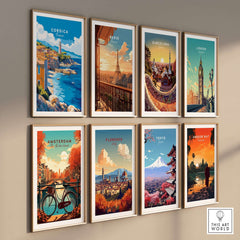 Corsica Wall Art Poster featuring the stunning coastline of Corsica in a colorful gallery wall display