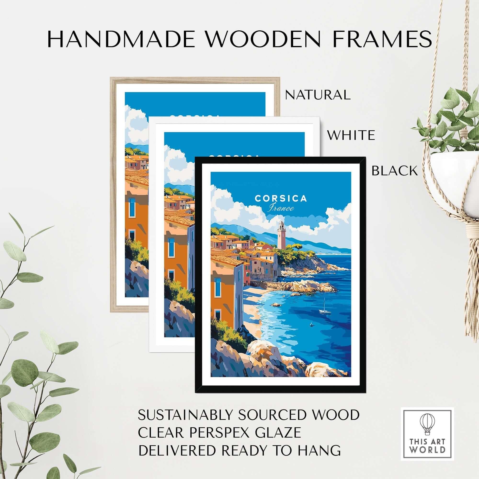Corsica Wall Art Poster displayed in handmade wooden frames, showcasing natural, white, and black options.
