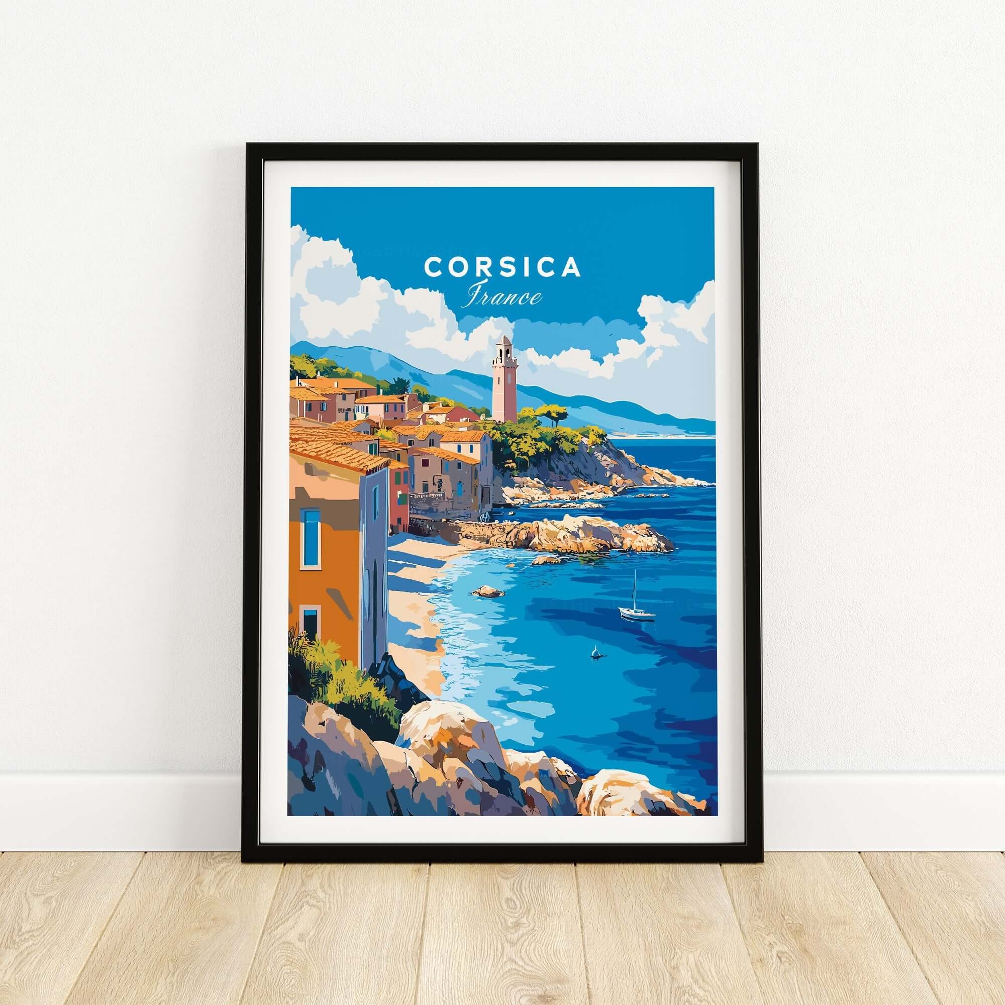 Corsica Wall Art Poster showcasing the beautiful coastline of Corsica, adding wanderlust to your home decor.