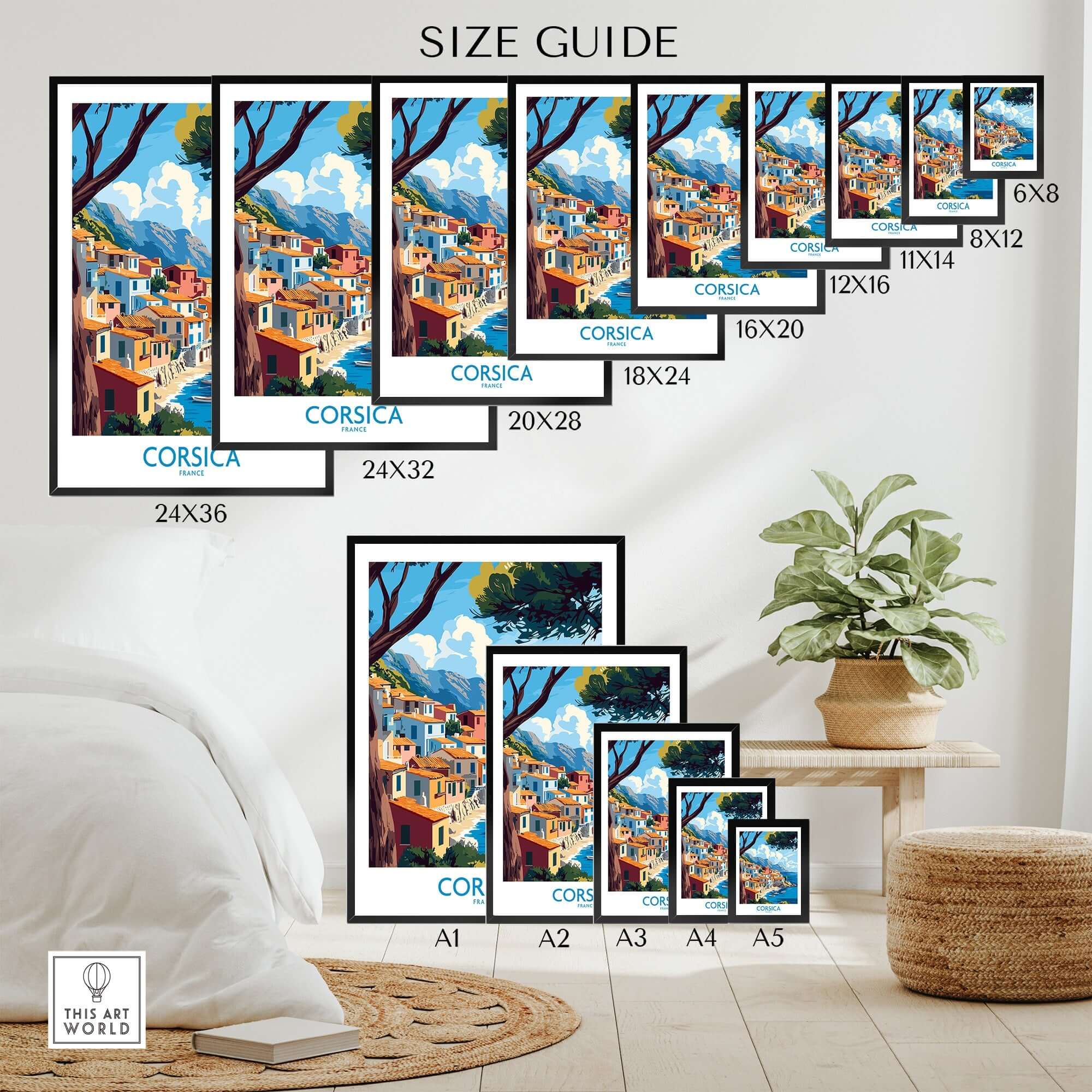 Corsica Wall Art Print size guide showcasing various print sizes and designs in a coastal setting.