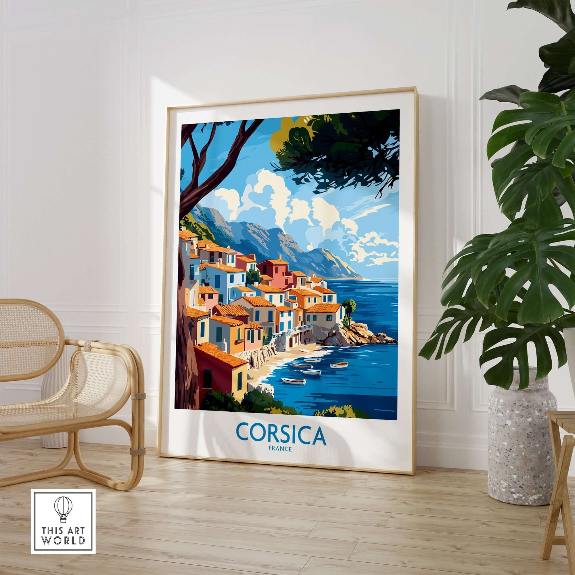 Corsica Wall Art Print showcasing vibrant Mediterranean scenery with colorful coastal houses and serene ocean backdrop.