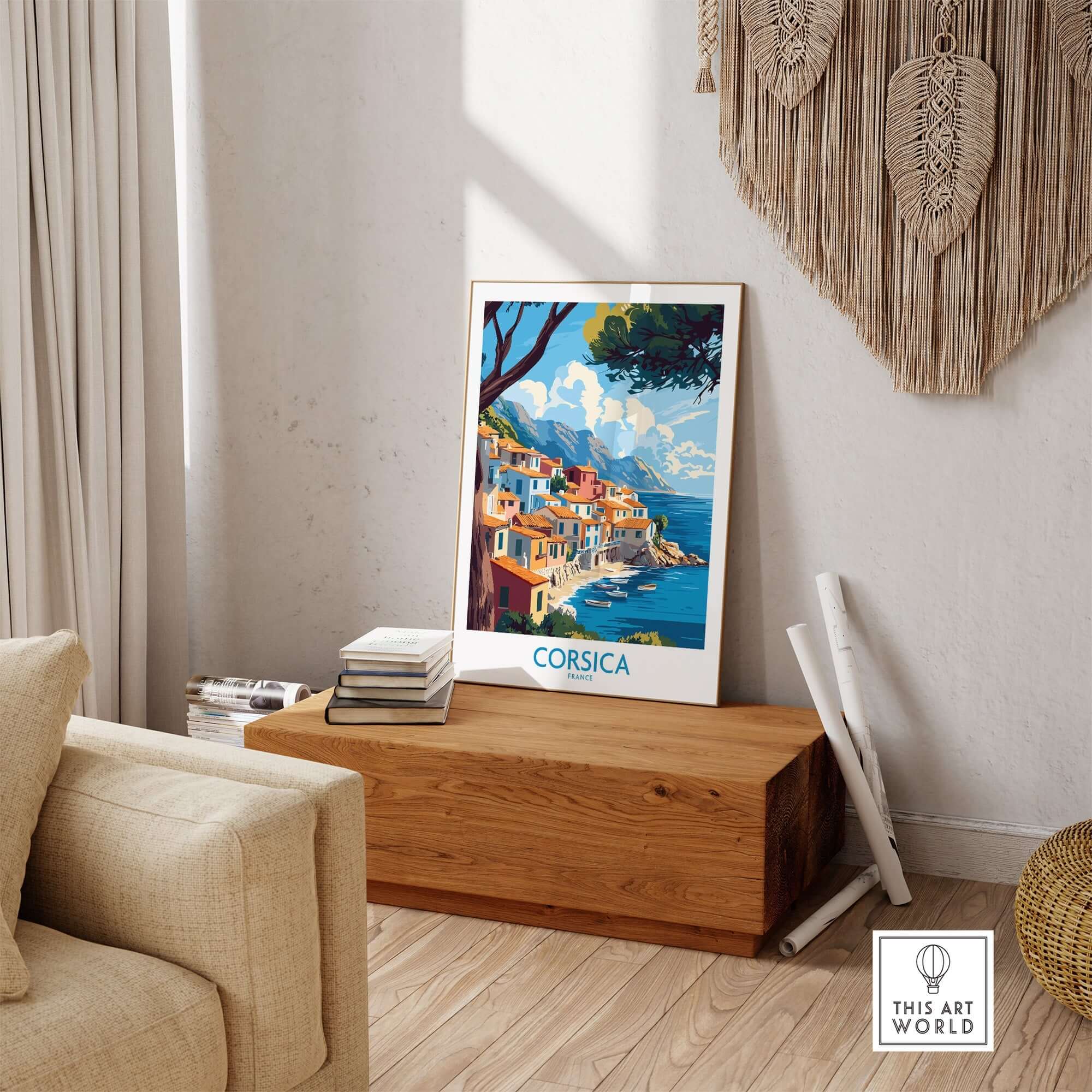 Corsica Wall Art Print displayed in a cozy living room setting, showcasing vibrant colors and coastal beauty.