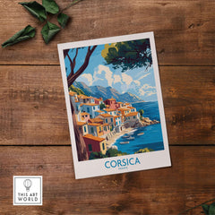 Corsica Wall Art Print showcasing a picturesque coastal village in vibrant colors, perfect for home decor.