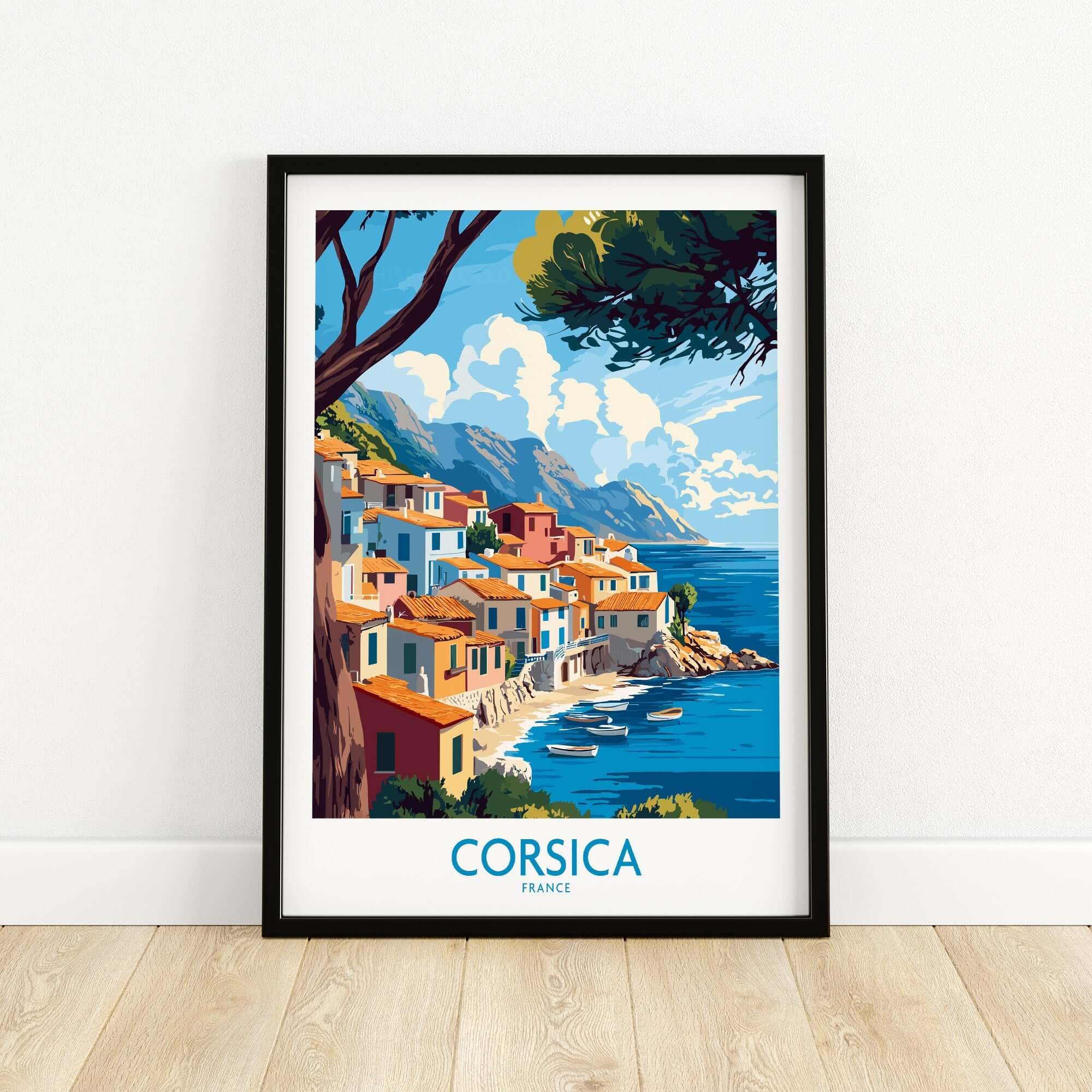 Corsica Wall Art Print featuring vibrant coastal scenery and colorful houses near the Mediterranean sea.