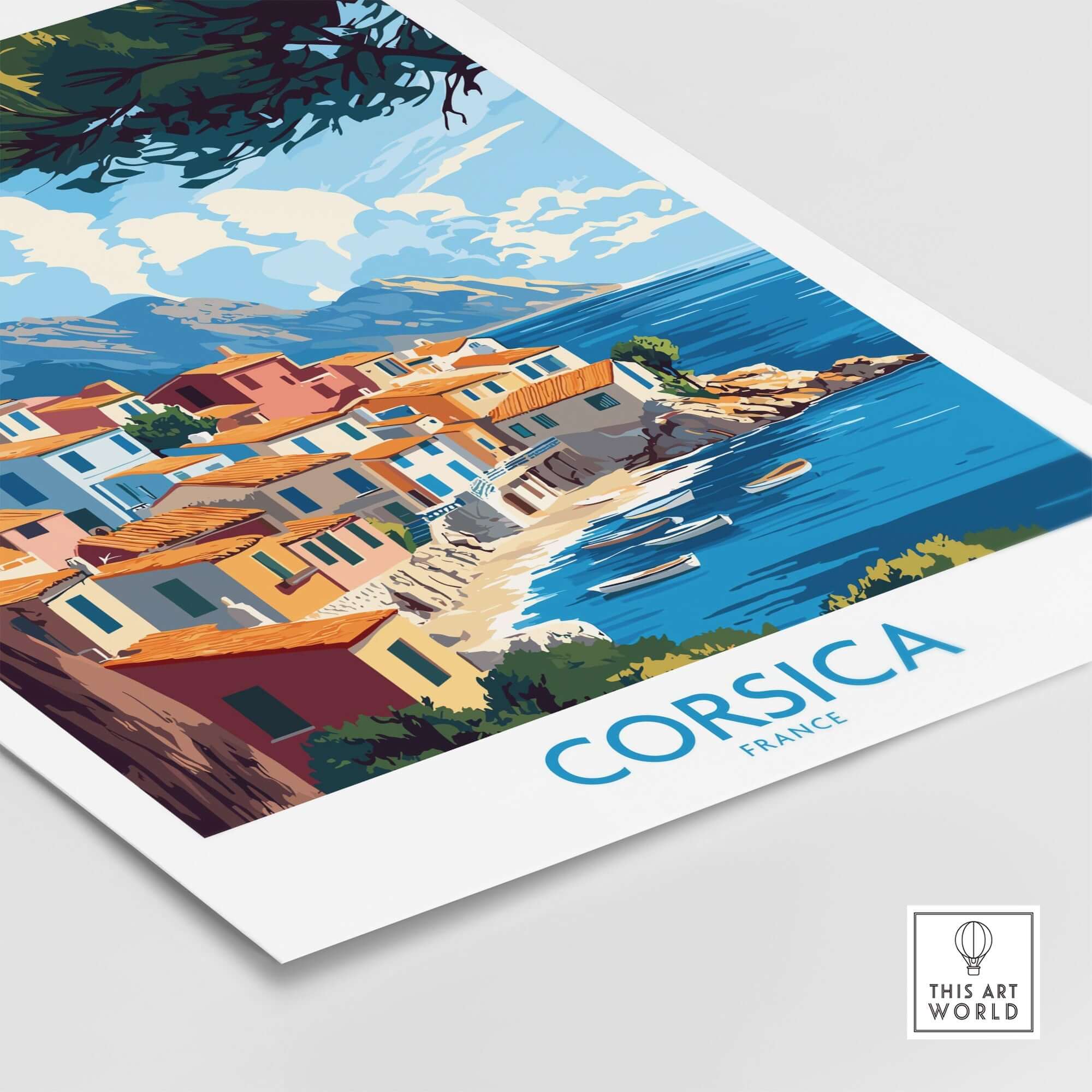 Corsica Wall Art Print featuring vibrant colors of coastal houses and blue sea, perfect for enhancing your decor.