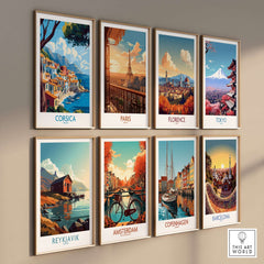 Corsica Wall Art Print featuring vibrant coastal scenes and iconic landmarks in an elegant gallery wall display.