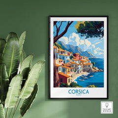 Corsica Wall Art Print showcasing a coastal village in vibrant colors and intricate details, enhancing any decor.
