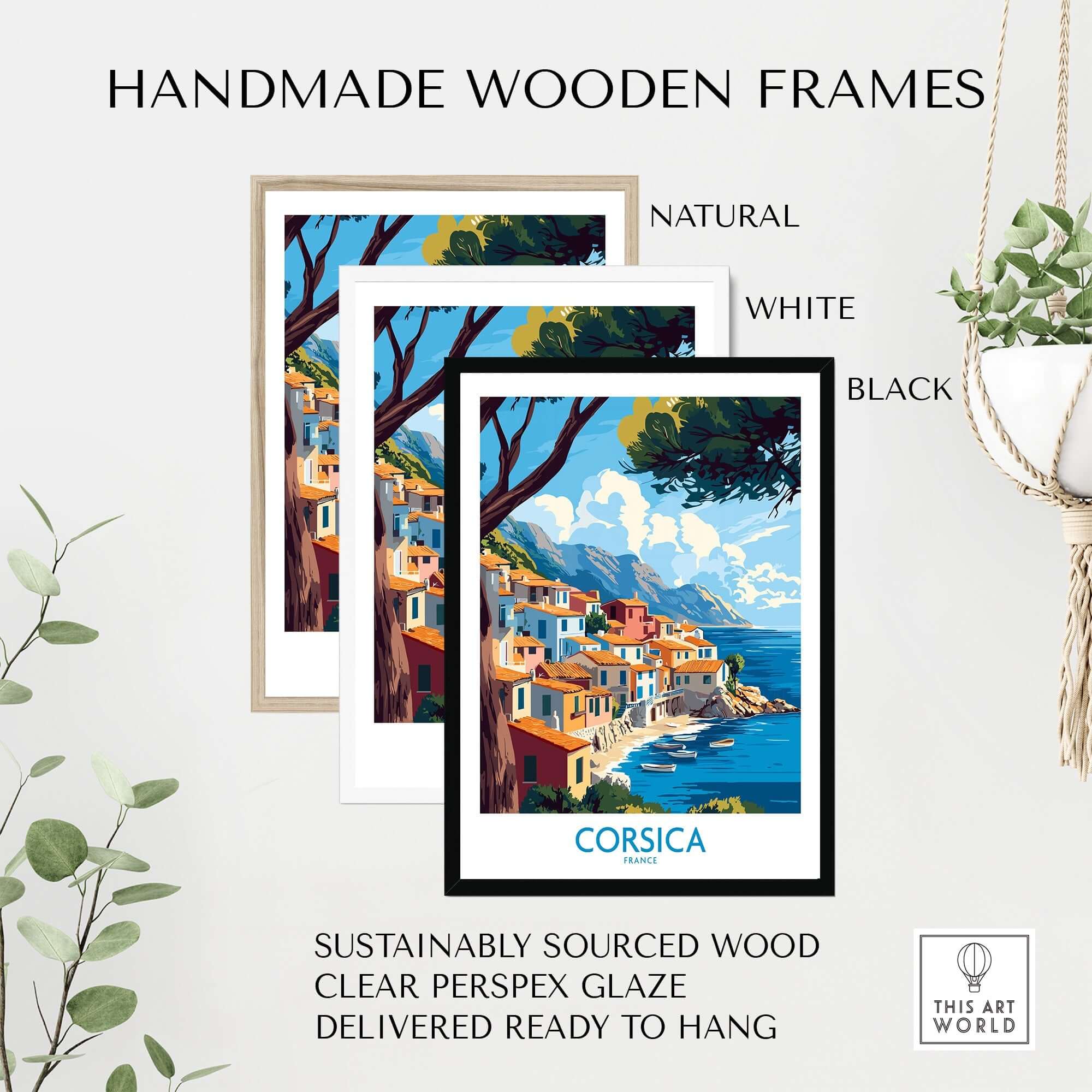 Corsica Wall Art Print showcased in handmade wooden frames of natural, white, and black colors, enhancing home decor.