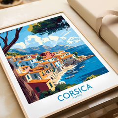 Corsica Wall Art Print showcasing a colorful coastal village scene in Corsica, France with sea and mountains.
