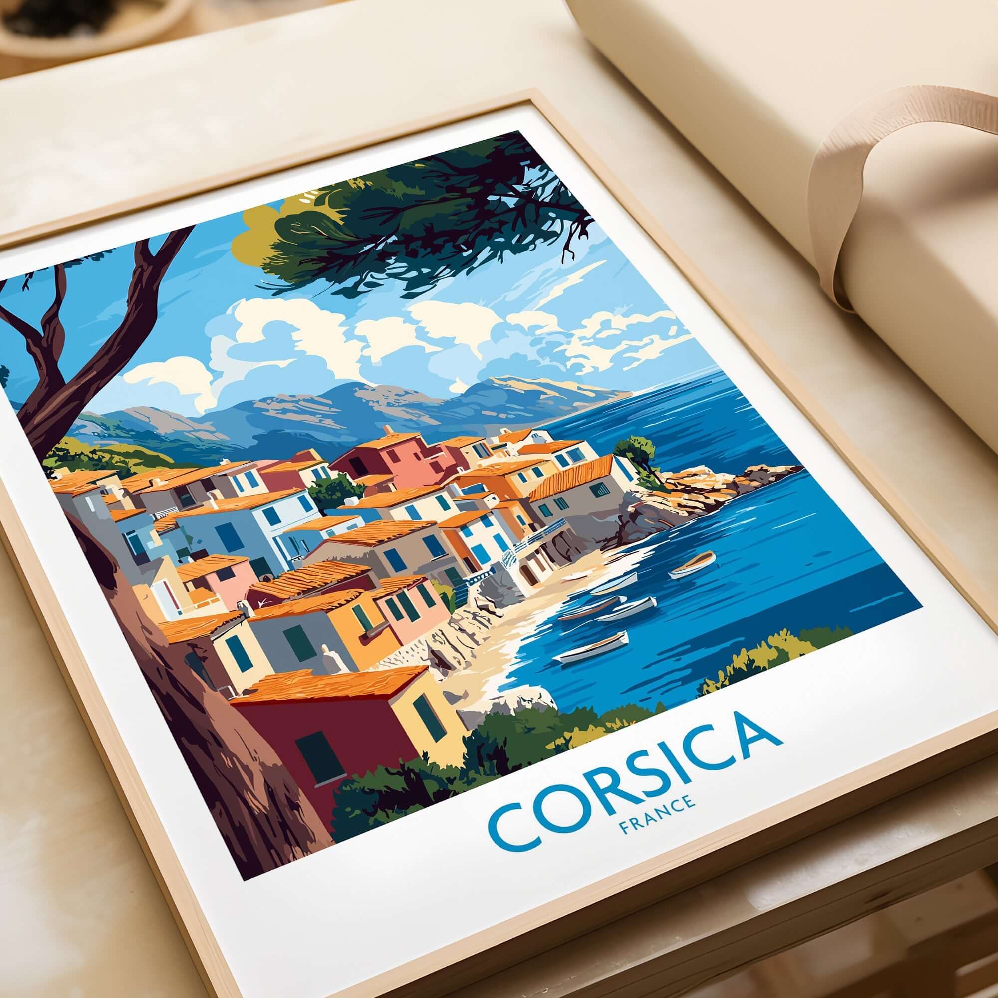 Corsica Wall Art Print showcasing a colorful coastal village scene in Corsica, France with sea and mountains.