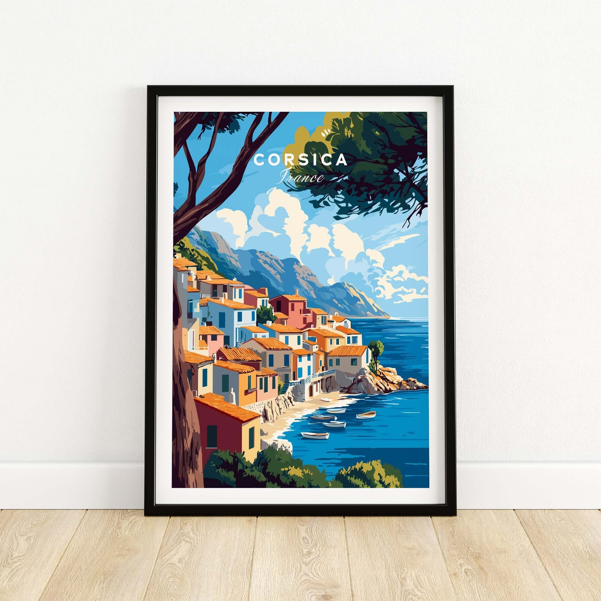 Corsica Wall Art featuring vibrant coastal village scenery with boats and serene landscapes.