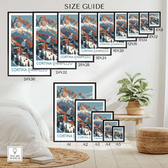 Various sizes of Cortina d'Ampezzo Italy wall art prints displayed in a room setting with plants and a couch.