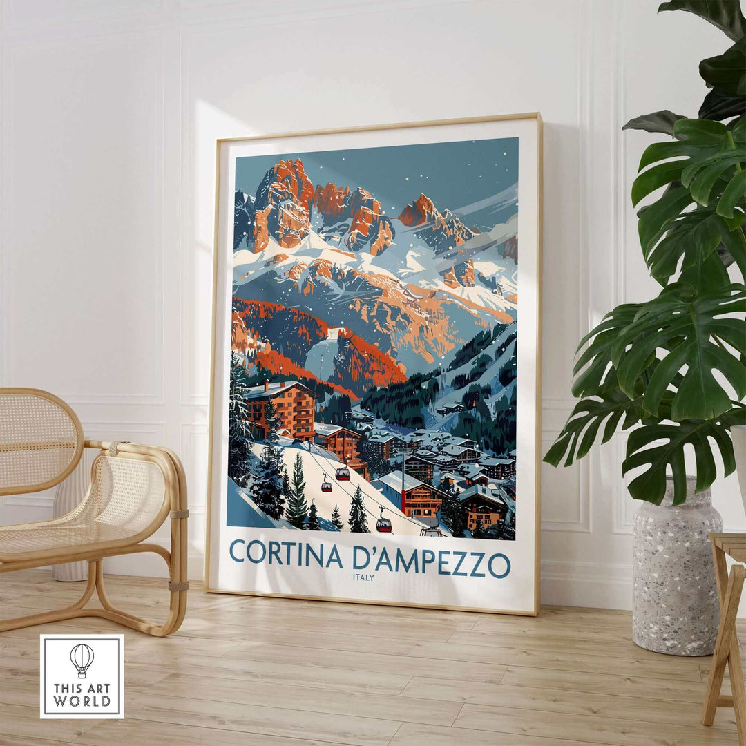 Vintage-style print of Cortina d'Ampezzo, Italy, showcasing snowy mountains and charming village, displayed in modern living space.