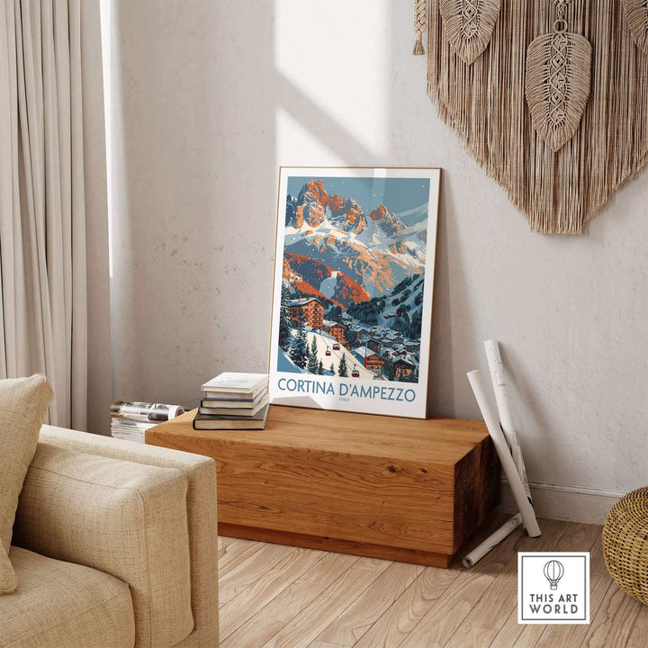 Cortina d'Ampezzo Italy print displayed in stylish living room setting, featuring mountain artwork on a wooden bench.