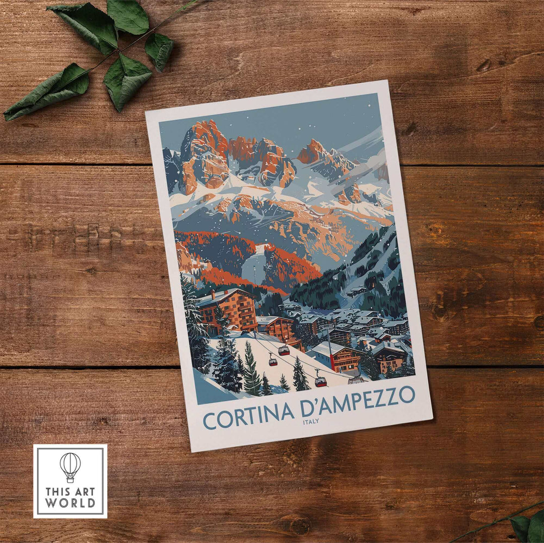 Vintage-style print of Cortina d'Ampezzo, Italy, featuring snow-capped mountains and rustic village on a wooden background.