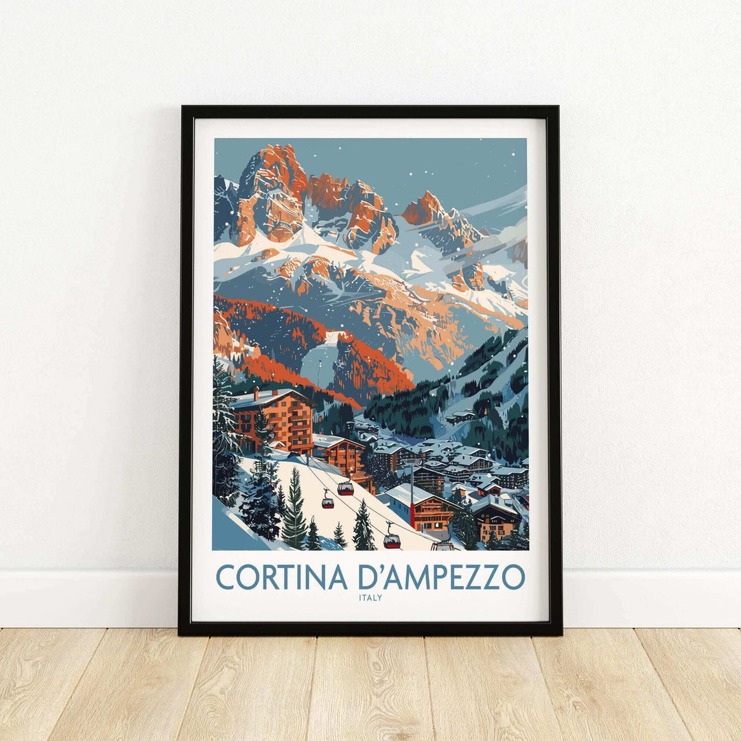 Framed art print of Cortina d'Ampezzo landscape, showcasing snowy mountains and village scenery in Italy.