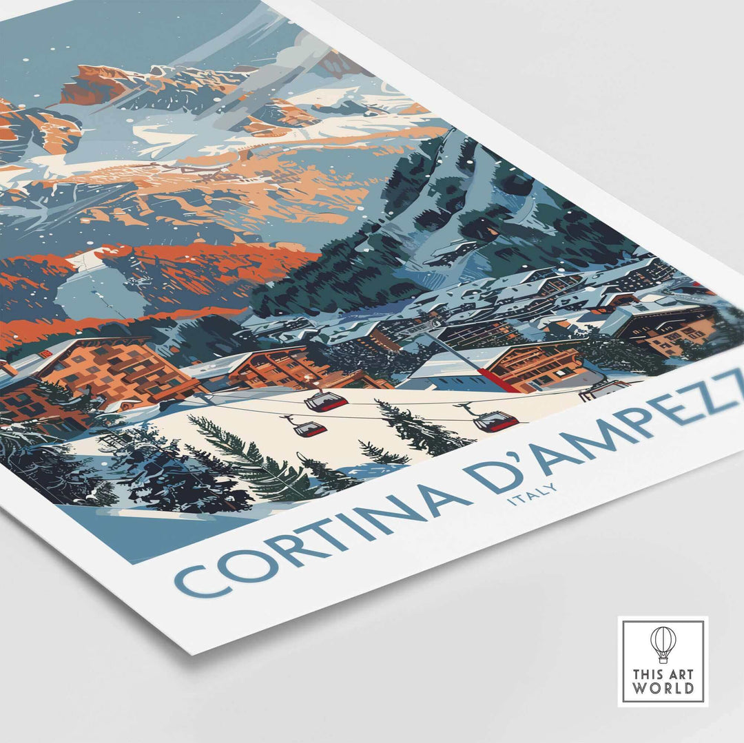 Scenic Cortina d'Ampezzo print featuring snowy Italian mountain landscape and cozy village architecture.