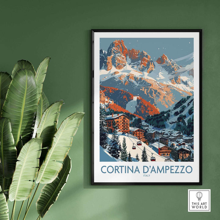 Vintage-style Cortina d'Ampezzo print, showcasing snowy Italian mountain village and vibrant, scenic landscape in elegant art design.