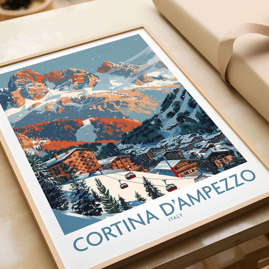 Vintage-style print of Cortina d'Ampezzo, Italy, featuring snowy mountains and a charming village in a wooden frame.