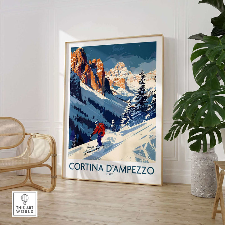 Cortina d'Ampezzo ski print showcasing snowy slopes and mountains, perfect for ski enthusiasts and Italian decor.