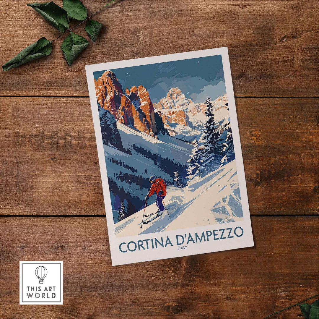 Ski print of Cortina d'Ampezzo, Italy, showcasing stunning winter scenery and a skier on picturesque slopes.