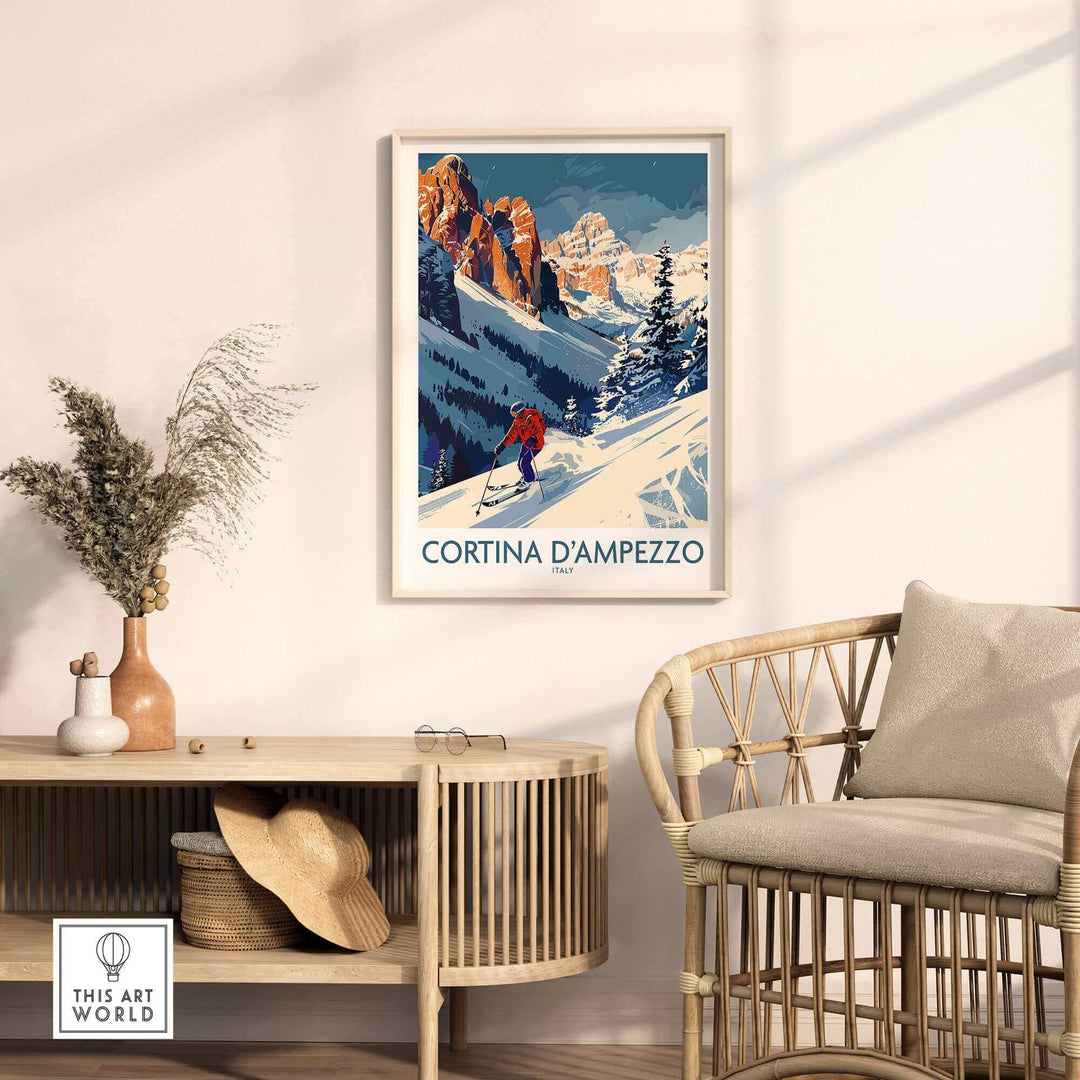 Cortina d'Ampezzo ski print in a cozy interior setting, showcasing scenic mountains and winter sports adventure.