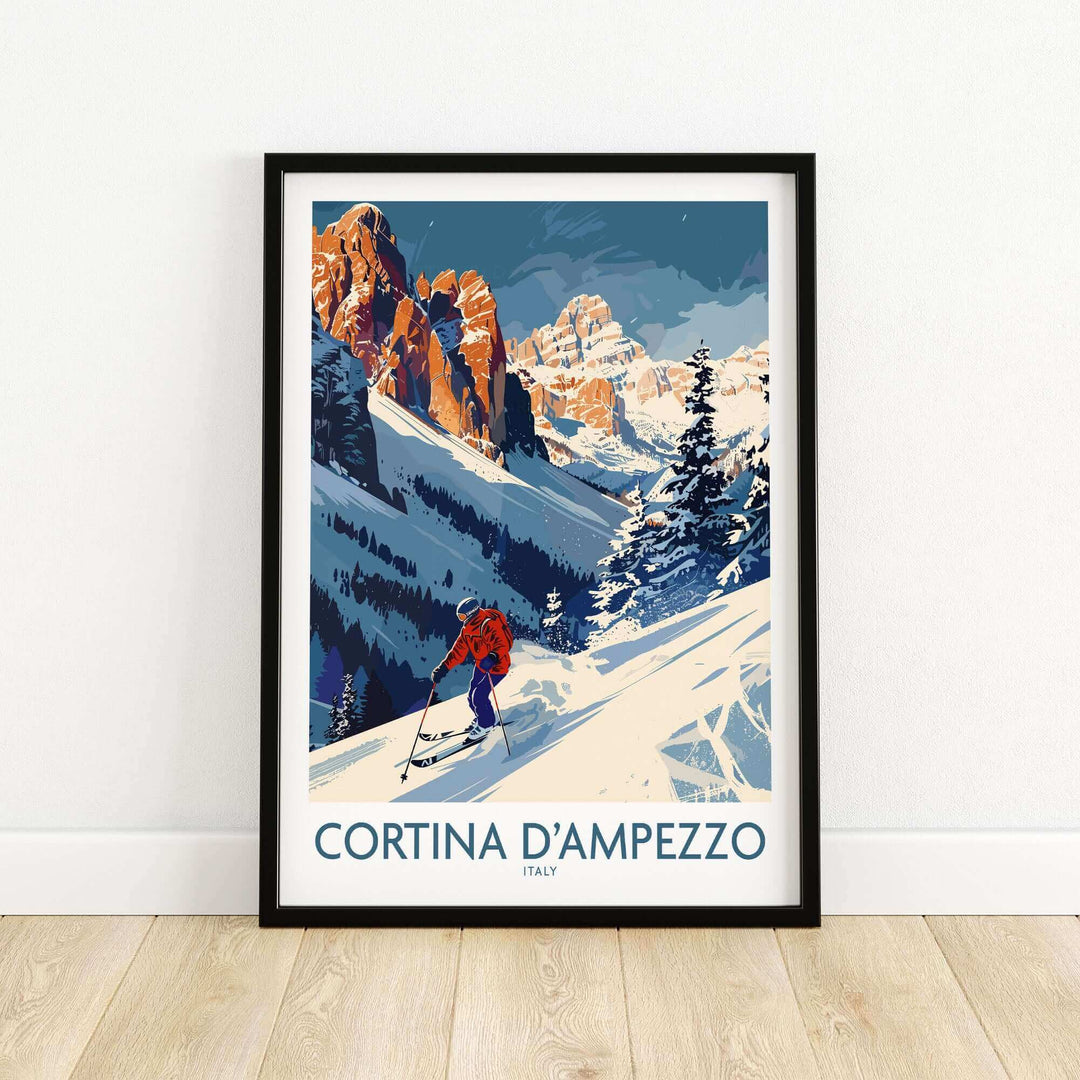 Cortina d'Ampezzo ski print showcasing a skier against majestic mountain scenery in Italy, perfect for ski enthusiasts.