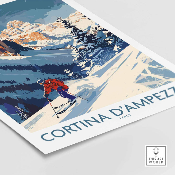 Ski print of Cortina d'Ampezzo, Italy, showcasing a skier on scenic slopes with stunning mountain background.