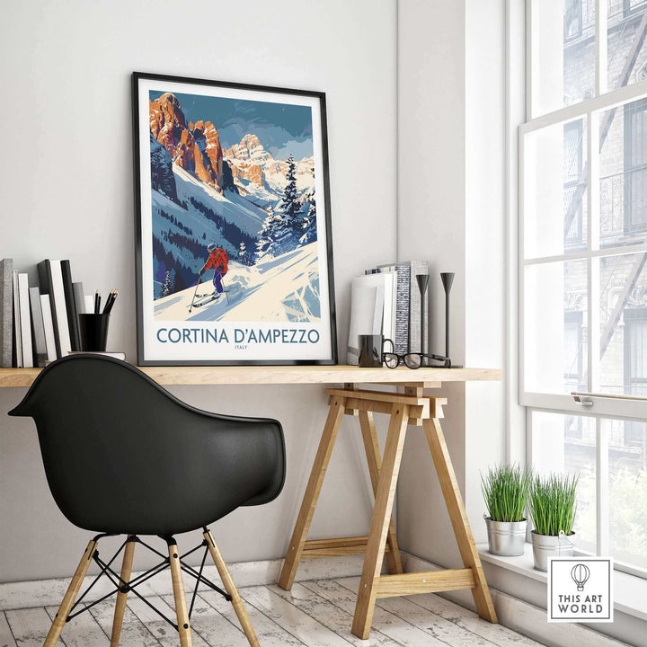 Cortina d'Ampezzo ski print displayed in a modern interior setting, showcasing skiing and mountain scenery in Italy.