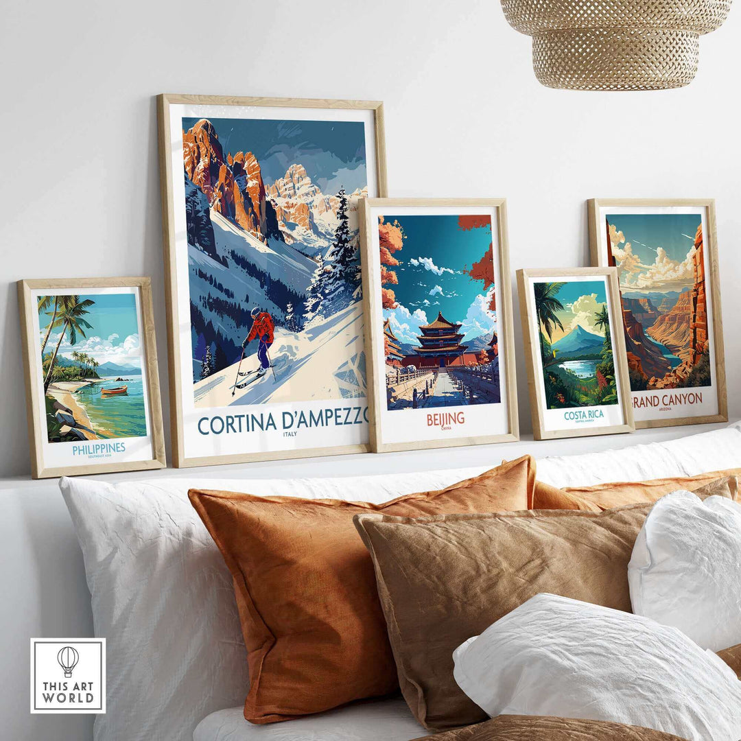 Collection of framed ski and landscape prints, featuring Cortina d'Ampezzo, Italy, and other travel destinations.