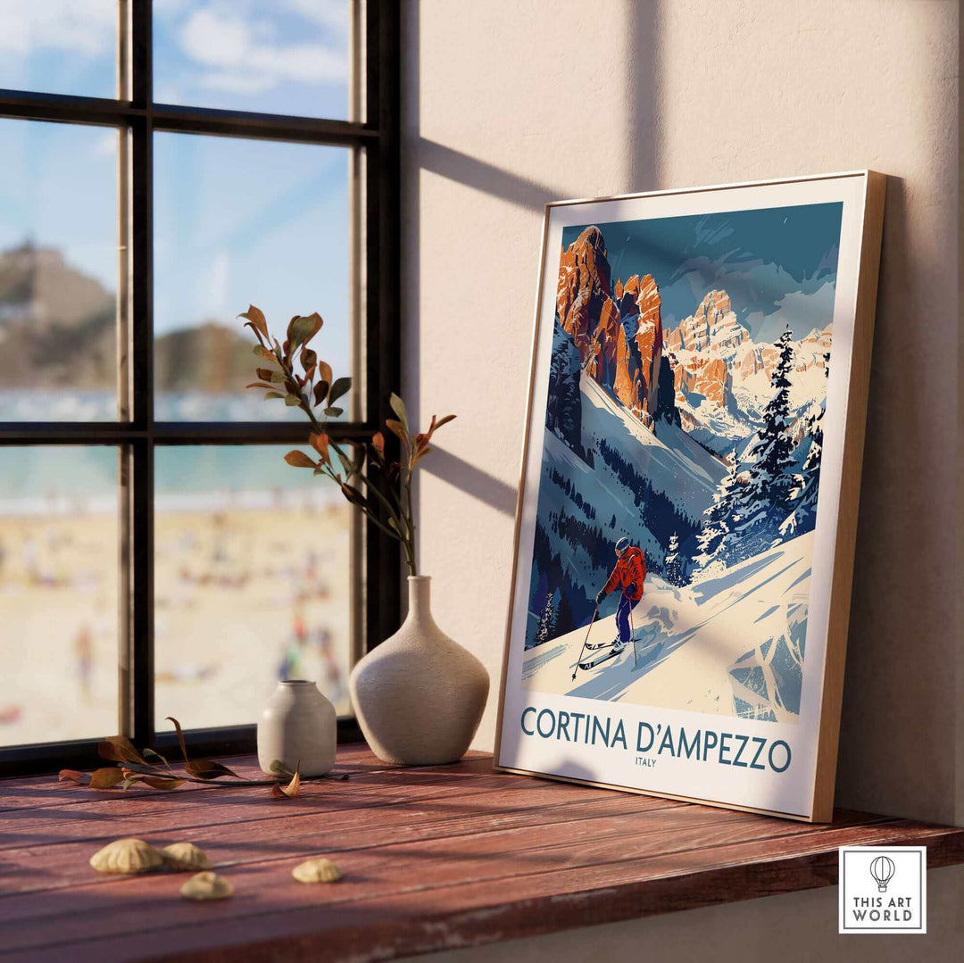 Cortina d'Ampezzo ski print displayed indoors, showcasing stunning mountain scenery and vibrant colors in Italy.