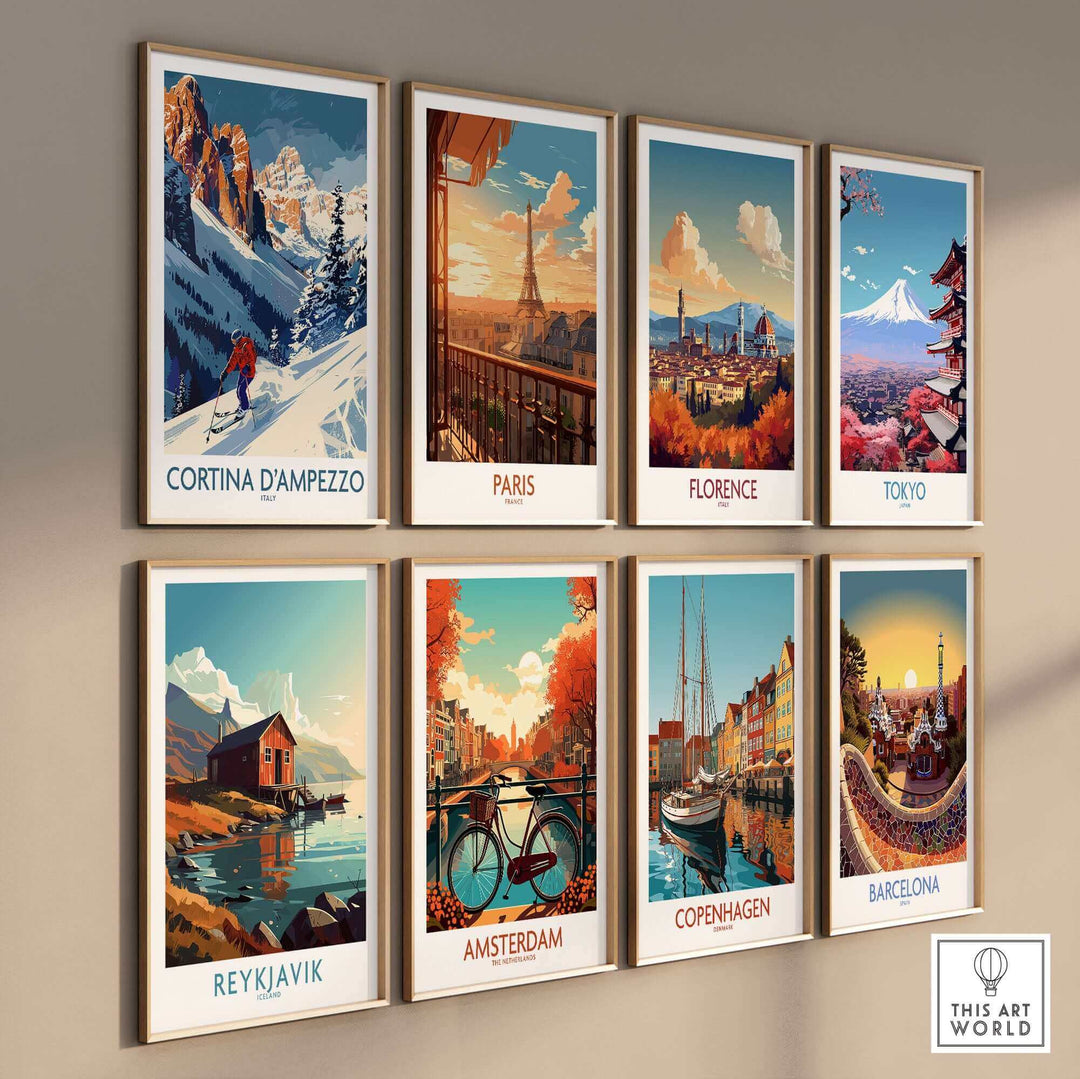 Collection of framed travel art prints featuring Cortina d'Ampezzo, Paris, Florence, Tokyo, Reykjavik, Amsterdam, Copenhagen, and Barcelona.