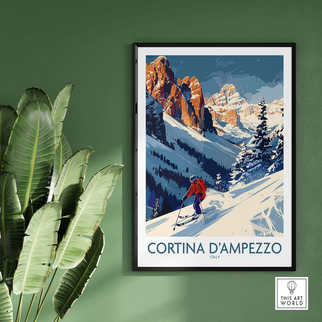 Vintage ski print of Cortina d'Ampezzo, Italy, showcasing stunning slopes and scenic mountains. Perfect for ski enthusiasts.