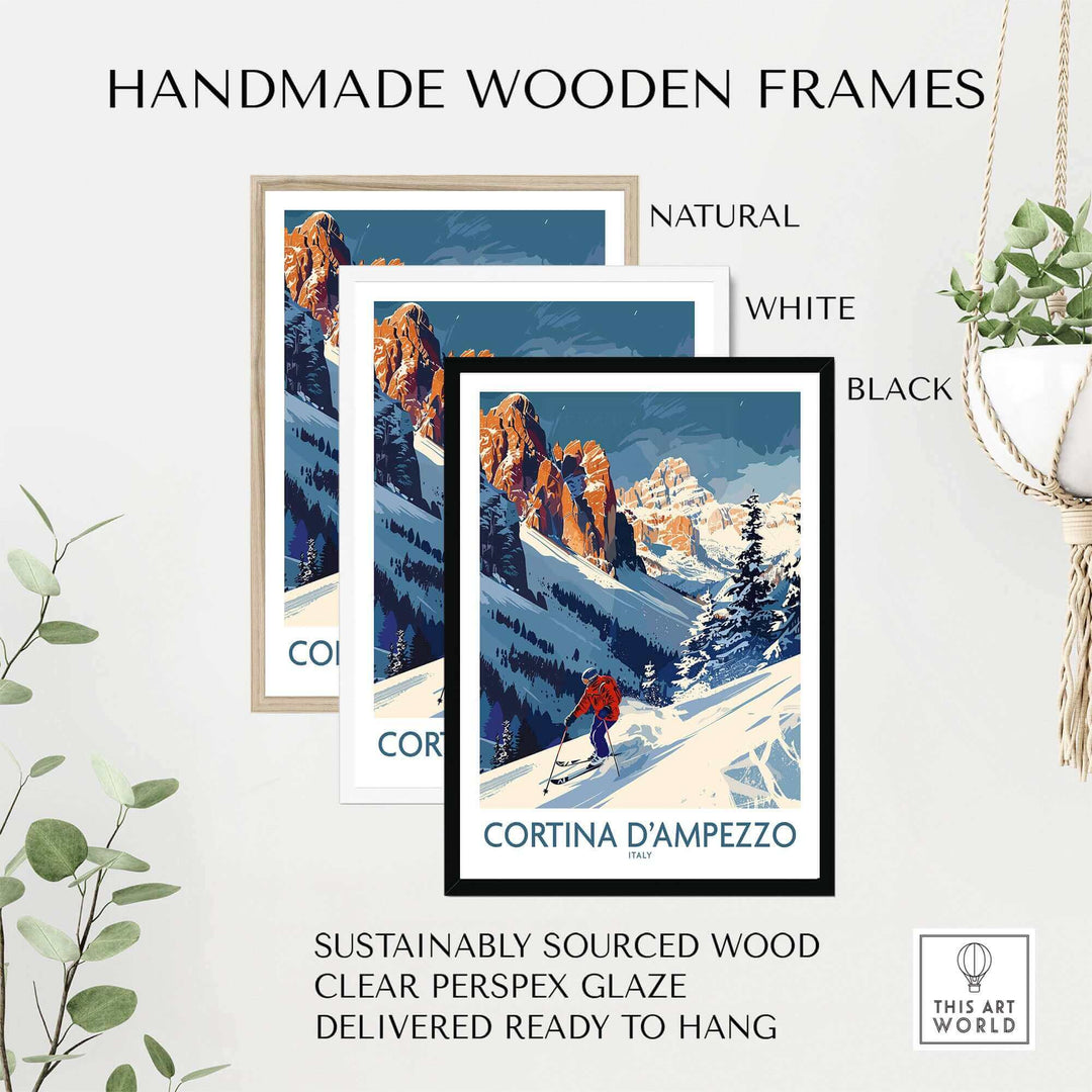 Handmade wooden frames in natural, white, and black for Cortina d'Ampezzo ski print, ready to hang and sustainably sourced.