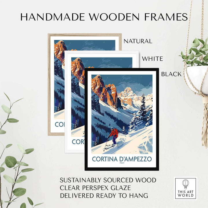 Handmade wooden frames in natural, white, and black for Cortina d'Ampezzo ski print, ready to hang and sustainably sourced.