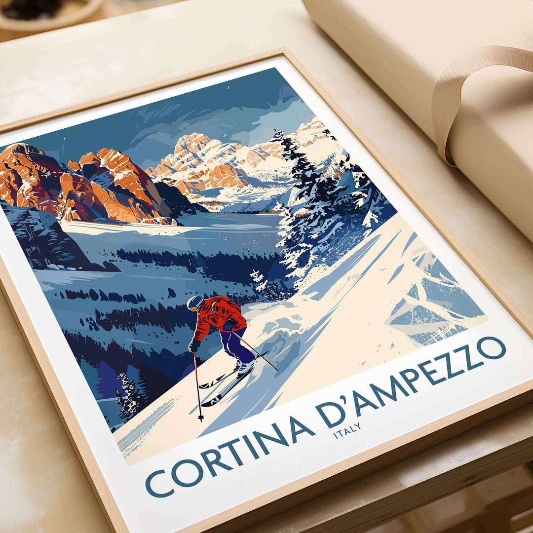 Ski print of Cortina d'Ampezzo showcasing breathtaking slopes and beautiful scenery in Italy. Perfect for ski enthusiasts.