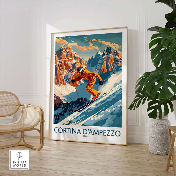 Skiing wall art featuring Cortina d'Ampezzo mountains in vibrant colors, framed and displayed in a modern living space.