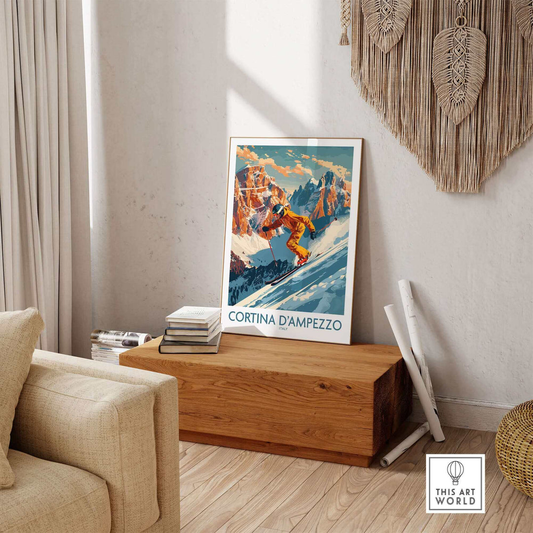 Cortina d'Ampezzo wall art featuring a skier on a snowy mountain, adding a cozy touch to a modern living room with bohemian decor.