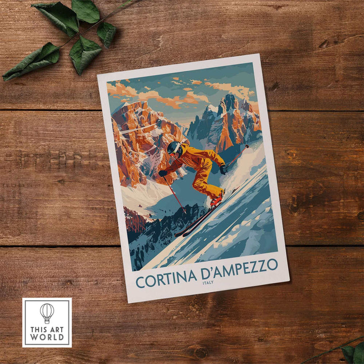 Vintage Cortina d'Ampezzo wall art featuring a skier on a wooden background, perfect for alpine and winter sports decor enthusiasts.