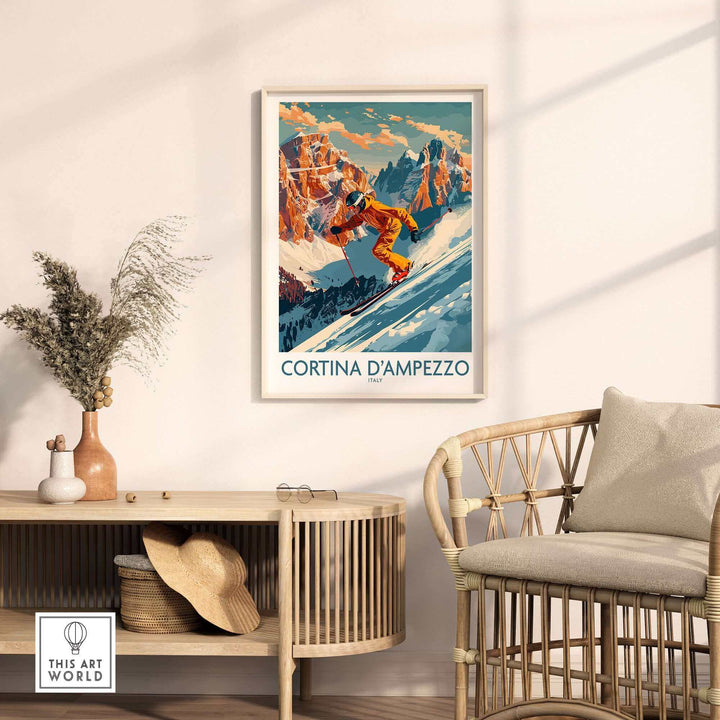 Cortina d'Ampezzo vintage wall art in modern living room decor, showcasing skier and mountain scenery in vibrant colors.