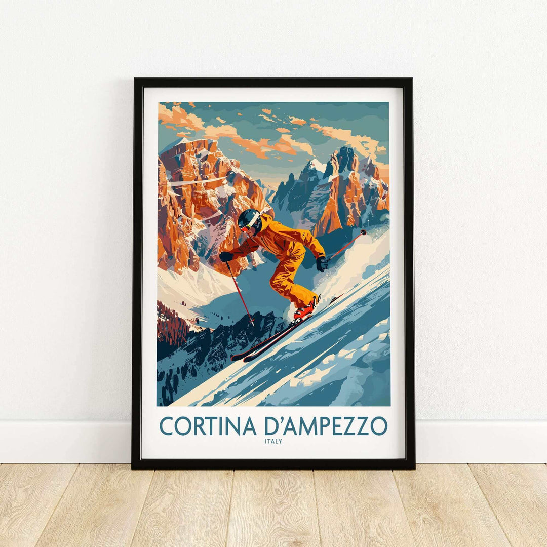 Cortina d'Ampezzo Wall Art featuring a skier on snowy slopes with mountain backdrop, framed artwork ideal for home decor