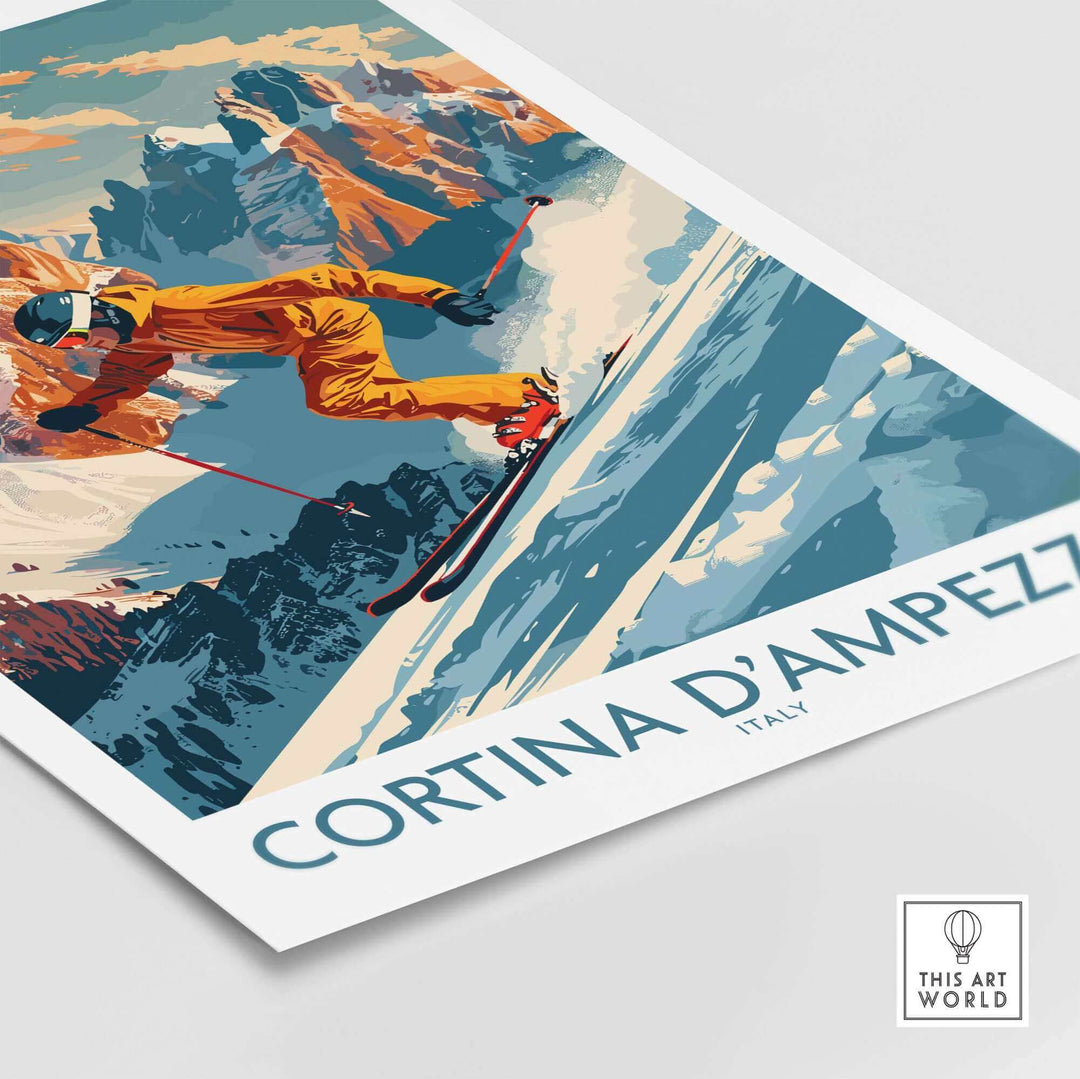 Vintage-style Cortina d'Ampezzo wall art featuring a skier in action on snowy slopes, capturing Italian alpine adventure vibes.