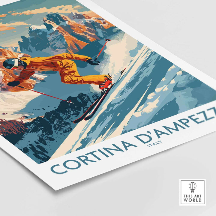 Vintage-style Cortina d'Ampezzo wall art featuring a skier in action on snowy slopes, capturing Italian alpine adventure vibes.