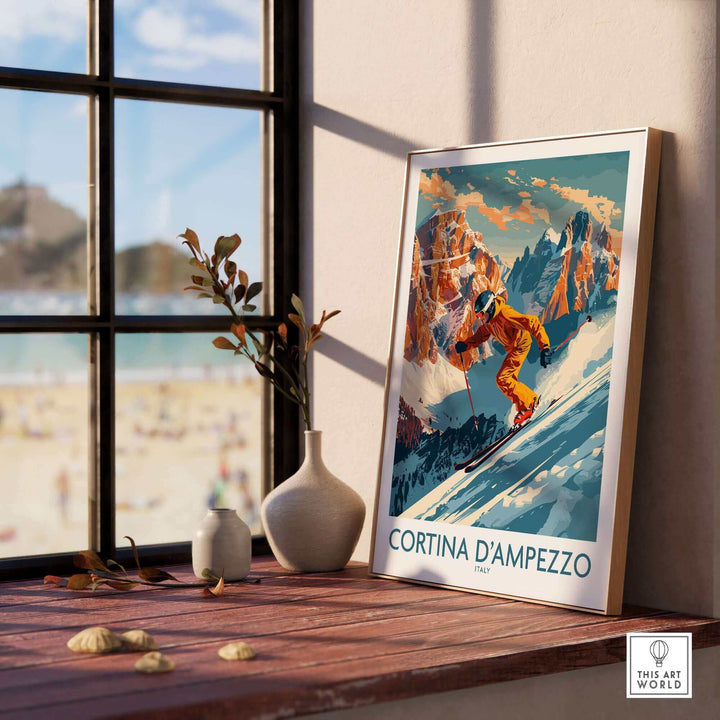 Cortina d'Ampezzo wall art with skier on mountain, displayed on a windowsill with vases, capturing a scenic winter landscape.