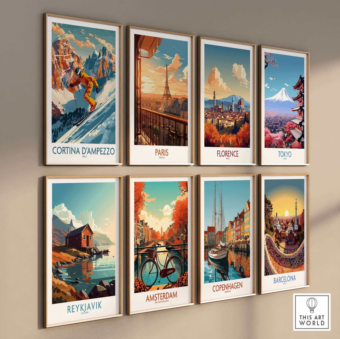 Collection of eight vibrant city wall art prints featuring Cortina d'Ampezzo, Paris, Florence, Tokyo, Reykjavik, Amsterdam, Copenhagen, and Barcelona.