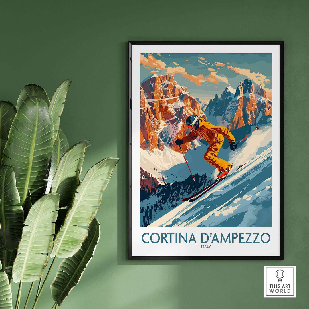 Stylish Cortina d'Ampezzo wall art featuring a skier in vibrant colors, perfect for adding a touch of adventure to your space.