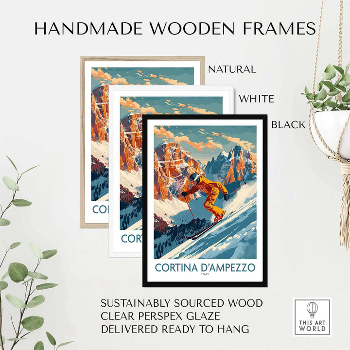 Cortina d'Ampezzo wall art featuring a skier in snow-capped mountains, available in natural, white, and black handmade wooden frames.