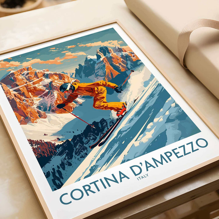 Skiing wall art featuring vivid Cortina D'Ampezzo landscape in vibrant colors, perfect for home decor and adventure lovers.