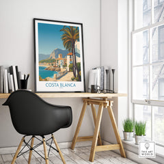 Costa Blanca Wall Art - Canvas Poster Spain displayed in a modern workspace setting, featuring coastal scenery and vibrant colors.